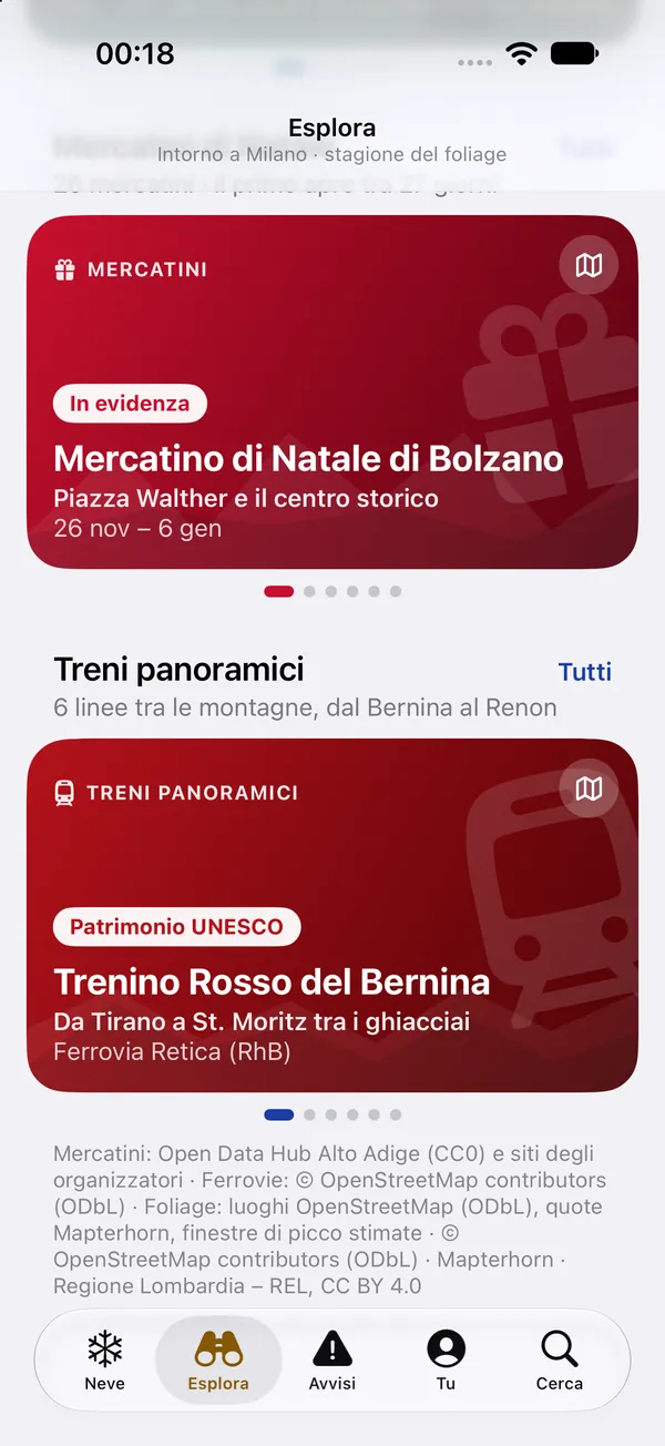 Esplora in SnowTime: in evidenza il Mercatino di Natale di Bolzano in piazza Walther, poi i treni panoramici con il Trenino Rosso del Bernina da Tirano a St. Moritz.